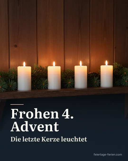 Tannengirlande mit vier brennenden Kerzen auf einem dunklen Wandregal
