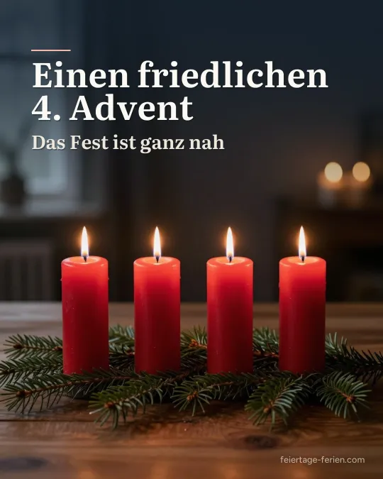 Vier brennende rote Stumpenkerzen in einer Reihe auf Tannenzweigen in einem abendlichen Raum