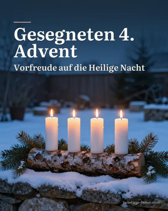 Vier brennende weiße Kerzen in einem ausgehöhlten Birkenstamm auf einer verschneiten Gartenmauer