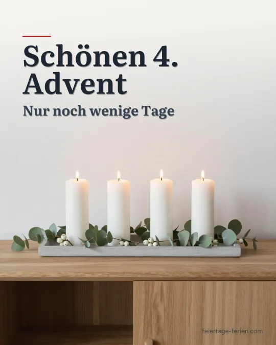 Vier brennende weiße Kerzen in einer Reihe auf einem Betontablett mit Eukalyptuszweigen