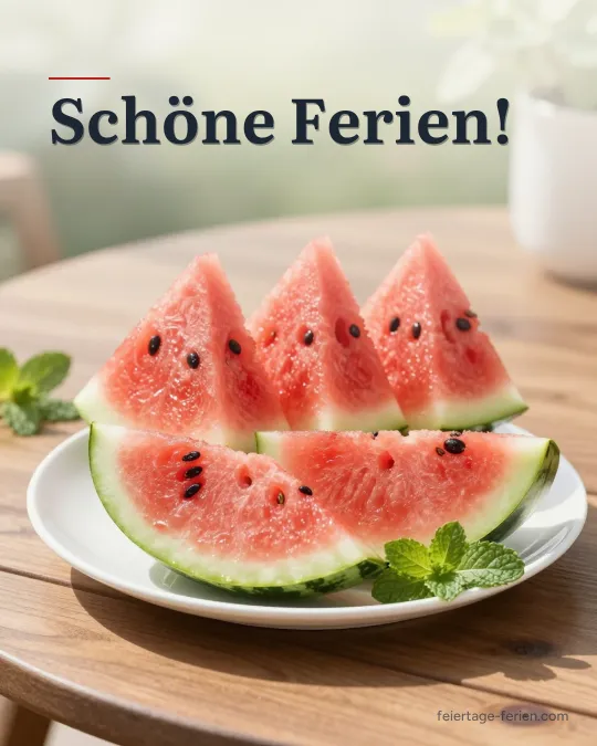 Frische Wassermelonenscheiben auf einem weißen Teller im sommerlichen Garten