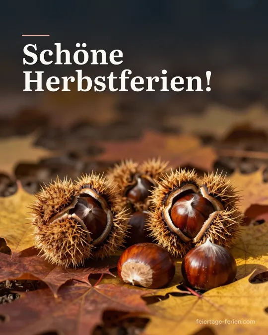 Glänzende Kastanien und aufgeplatzte Schalen auf buntem Herbstlaub