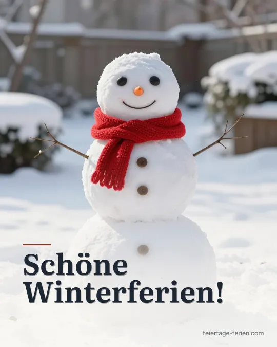 Schneemann mit rotem Strickschal und Karottennase in einem verschneiten Garten