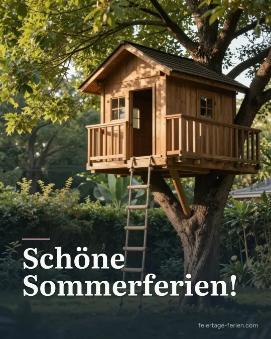 Baumhaus aus Holz mit Strickleiter in einem alten Baum im Sommergarten