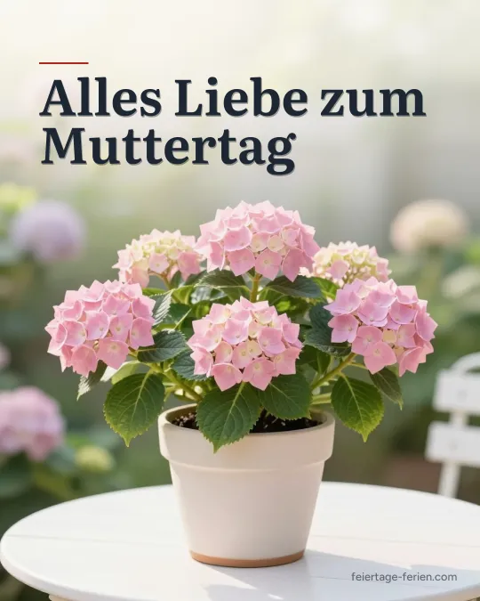 Rosa Hortensie im hellen Keramiktopf auf einem weißen Gartentisch