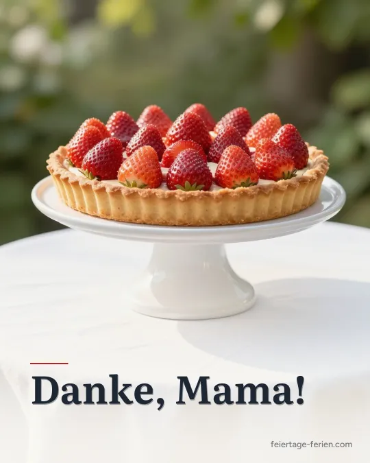 Selbst gebackener Erdbeerkuchen auf einer Tortenplatte im sonnigen Garten