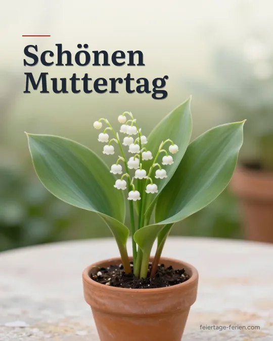 Maiglöckchen im kleinen Terrakottatopf auf einem hellen Gartentisch