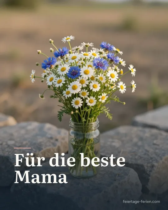 Selbst gepflückter Wiesenblumenstrauß im Einmachglas auf einer sonnigen Natursteinmauer