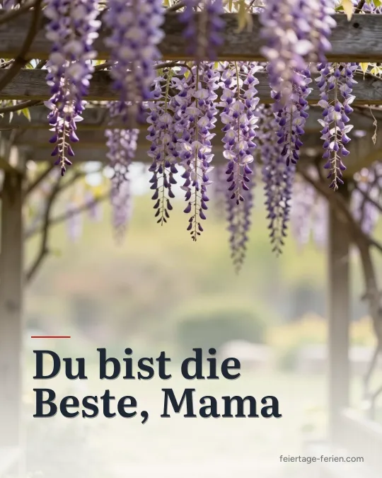 Blühender Blauregen hängt in Kaskaden von einer sonnigen Holzpergola
