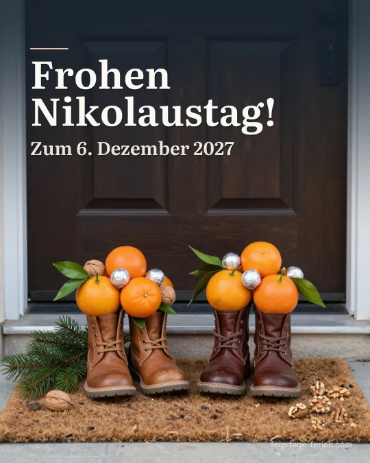 Zwei Paar gefüllte Kinderstiefel mit Mandarinen, Nüssen und Schokolade vor einer dunklen Haustür