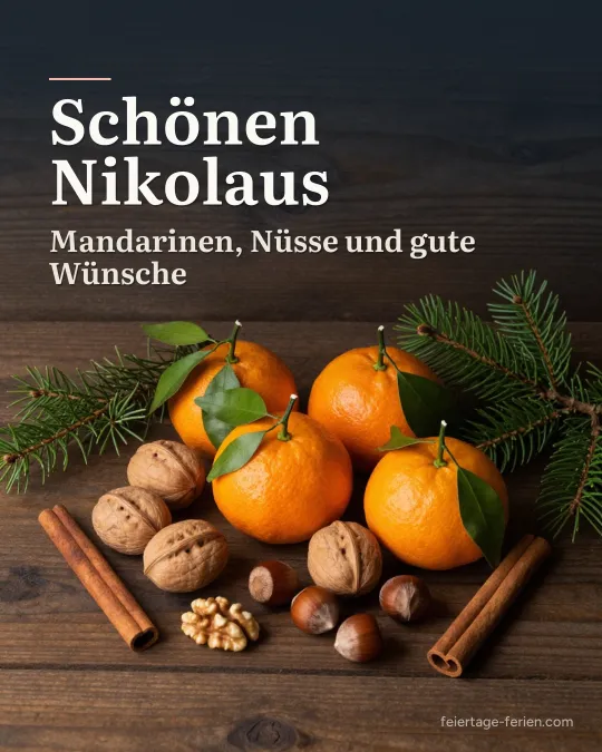 Mandarinen mit Blättern, Walnüsse und Haselnüsse auf einem dunklen Holztisch