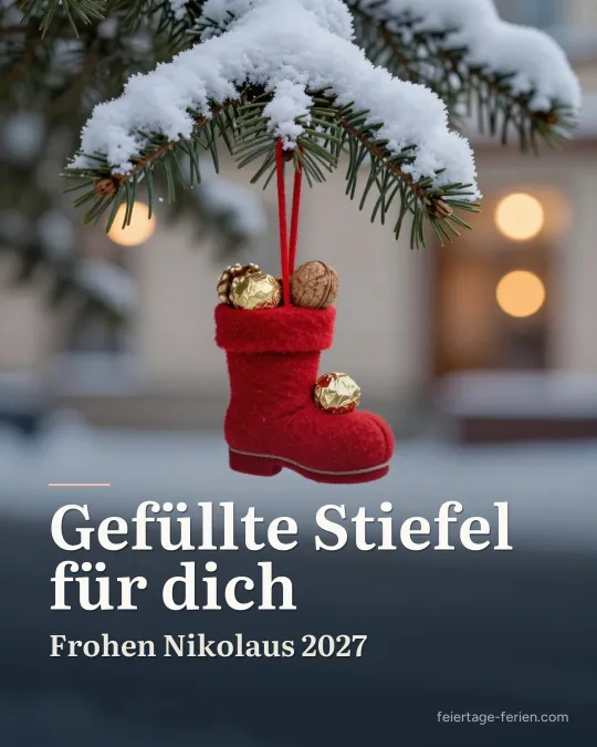 Kleiner roter Filzstiefel mit Nüssen und Schokolade an einem verschneiten Tannenzweig