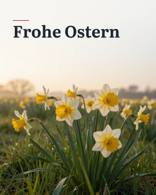 Osterglocken auf einer Wiese im Morgenlicht, aus der Froschperspektive