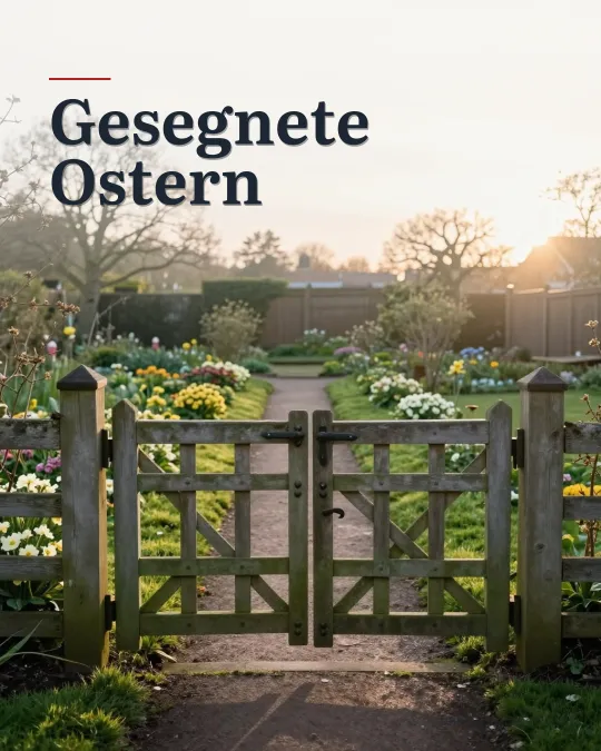 Offenes hölzernes Gartentor im Morgenlicht, dahinter ein blühender Frühlingsgarten