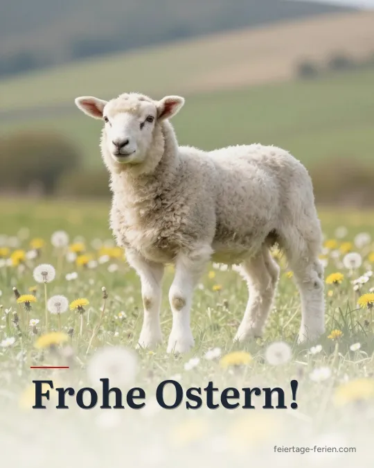 Weißes Lamm auf einer Frühlingswiese mit Löwenzahn und Gänseblümchen