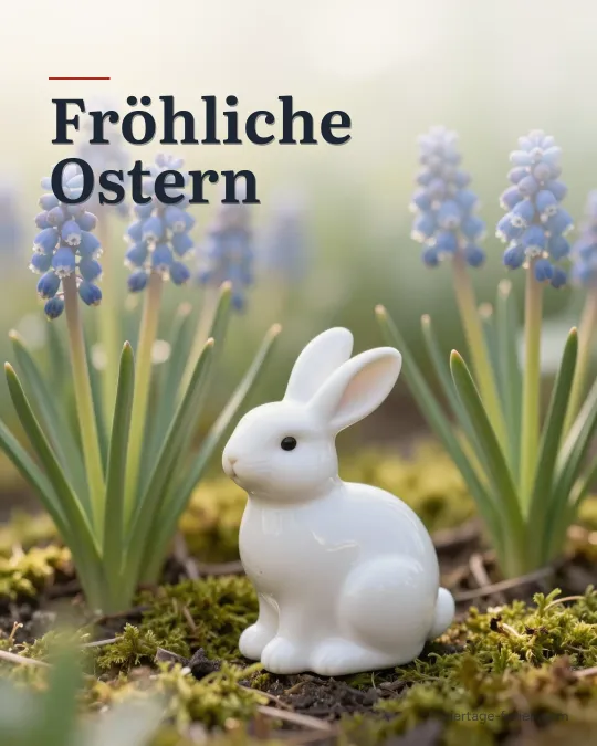 Weiße Hasenfigur aus Keramik zwischen blühenden Traubenhyazinthen im Gartenbeet