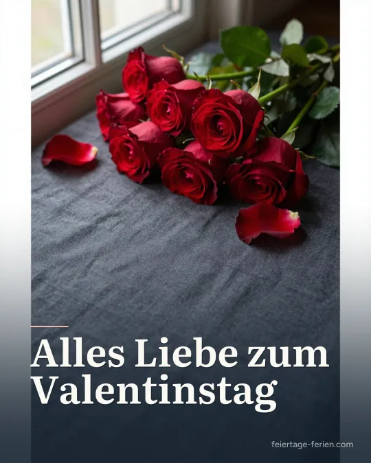 Strauß dunkelroter Rosen auf grauem Leinen mit verstreuten Blütenblättern