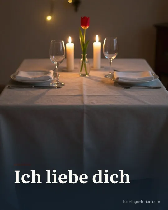 Gedeckter Tisch für zwei mit brennenden Kerzen und einer roten Tulpe