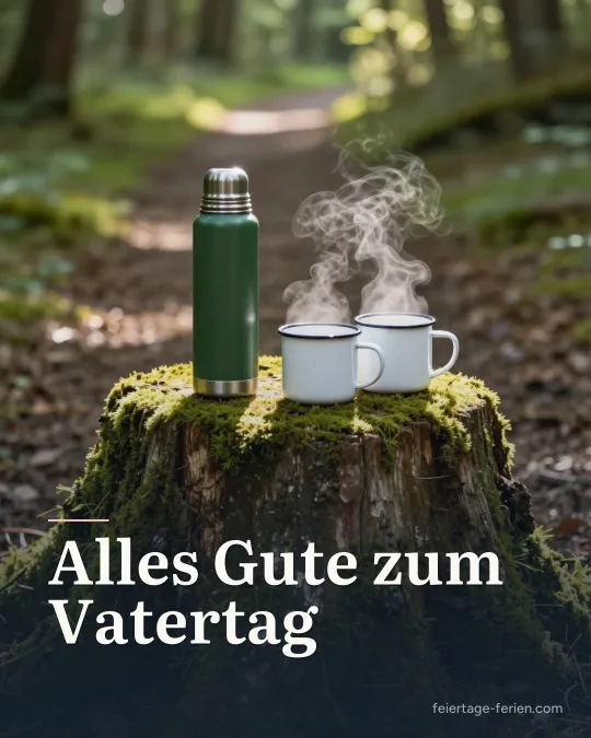 Thermoskanne und zwei Emaillebecher auf einem moosigen Baumstumpf am Waldweg