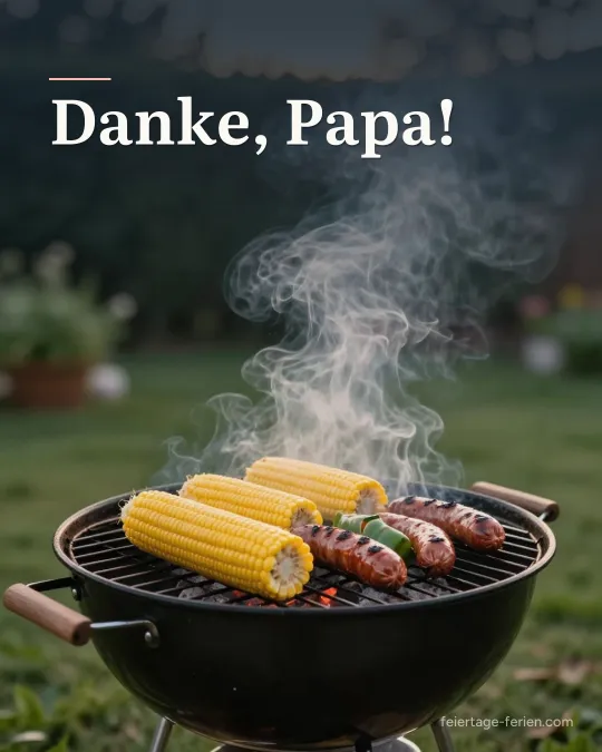 Holzkohlegrill mit Maiskolben, Paprika und Würstchen im Garten bei Abendlicht