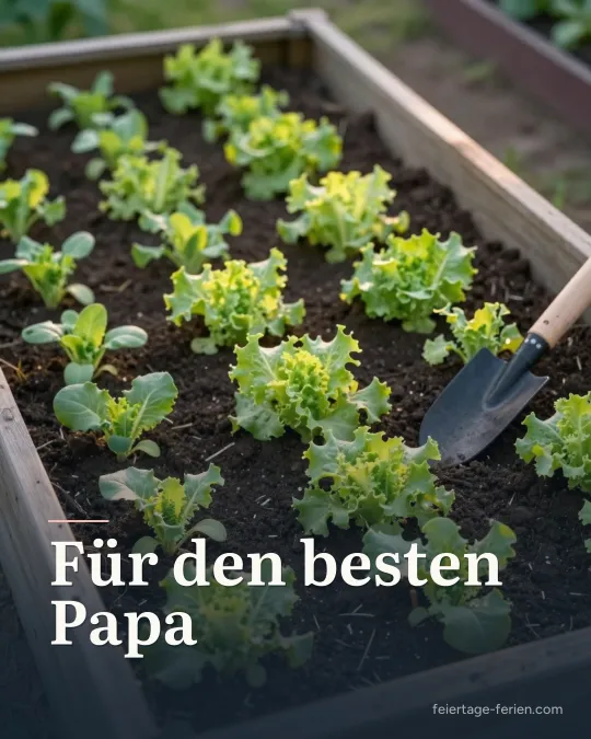 Hochbeet aus Holz mit jungen Salat- und Kohlrabipflanzen und einer Pflanzschaufel