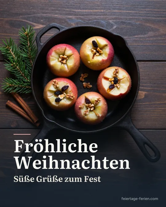 Bratäpfel mit Nuss-Rosinen-Füllung in einer gusseisernen Pfanne neben Zimtstangen und Tannengrün