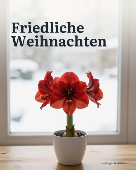 Blühende rote Amaryllis im weißen Topf vor einem hellen Winterfenster