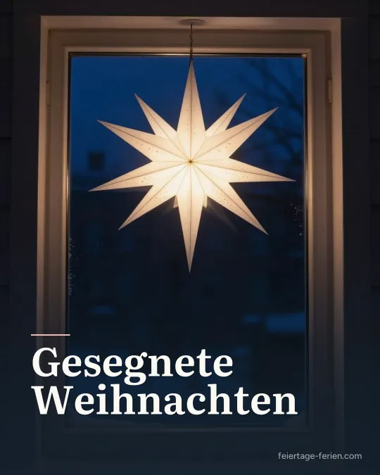 Leuchtender weißer Herrnhuter Stern in einem dunklen, verschneiten Fenster