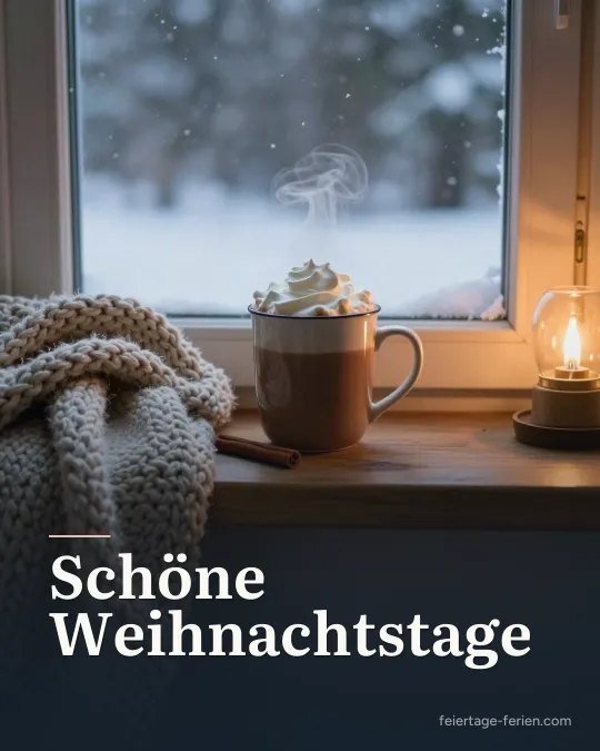 Dampfender Kakao mit Sahne auf der Fensterbank neben einer Strickdecke, draußen fällt Schnee