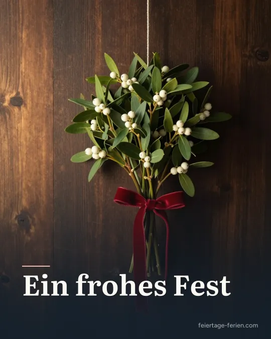 Mistelzweig mit weißen Beeren und roter Samtschleife vor einer dunklen Holzwand