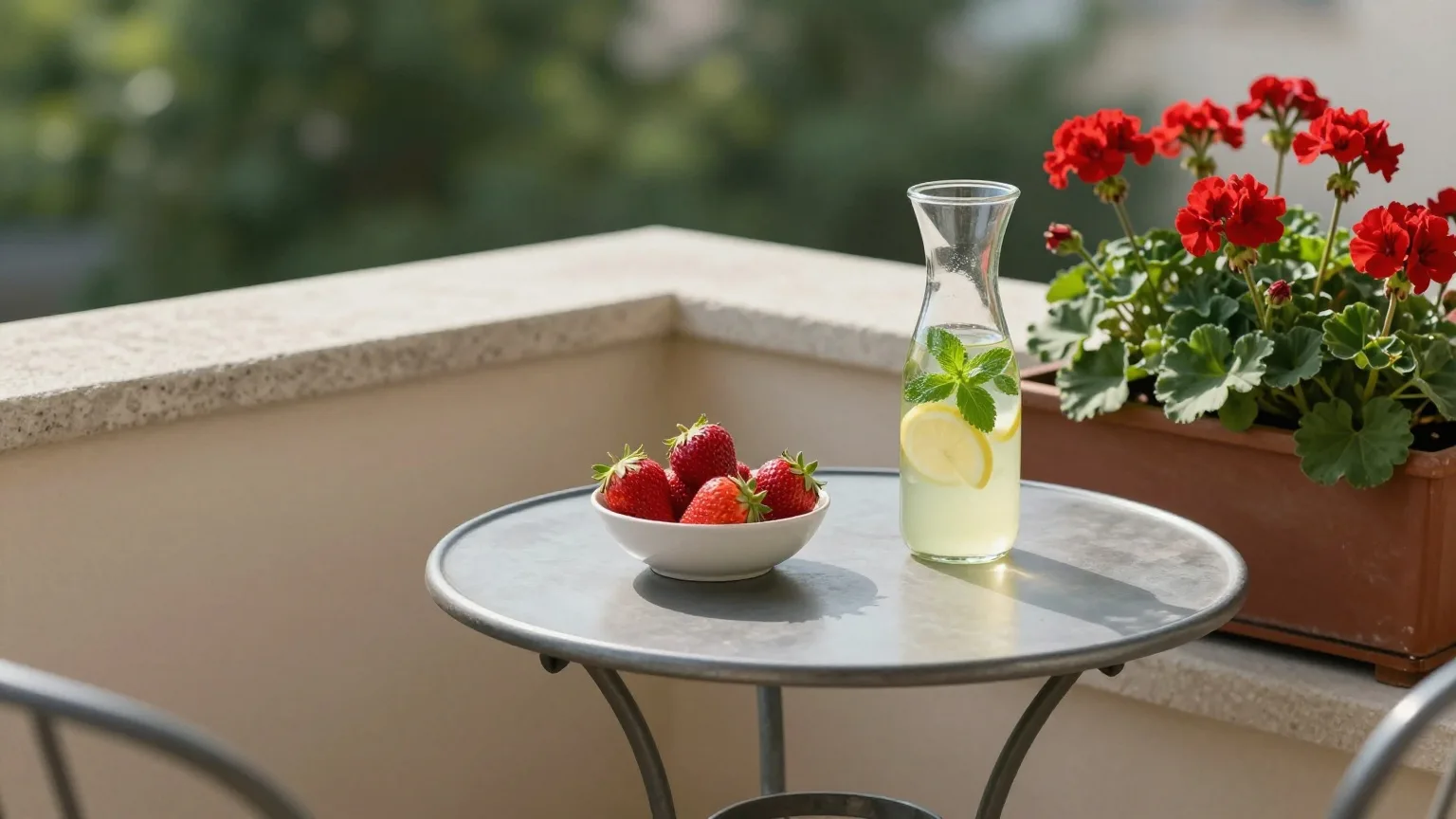 Kleiner Bistrotisch auf einem sonnigen Balkon mit einer Schale Erdbeeren, einer Karaffe Limonade und roten Geranien im Blumenkasten
