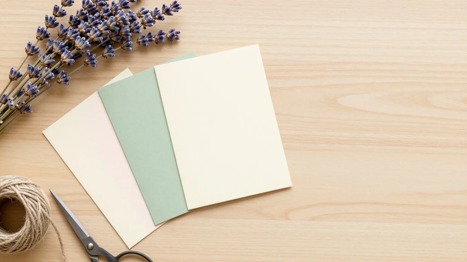 Unbeschriebene Klappkarten in Creme, Salbeigrün und Altrosa mit getrocknetem Lavendel, einer kleinen Schere und Naturkordel auf einem hellen Holztisch