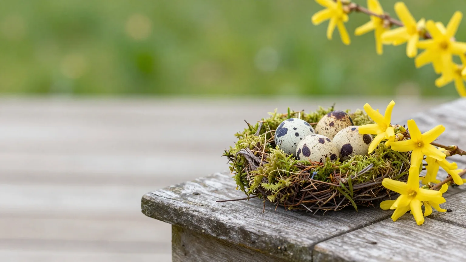Moosnest mit gesprenkelten Wachteleiern und einem blühenden Forsythienzweig auf einem verwitterten Gartentisch in der Frühlingssonne