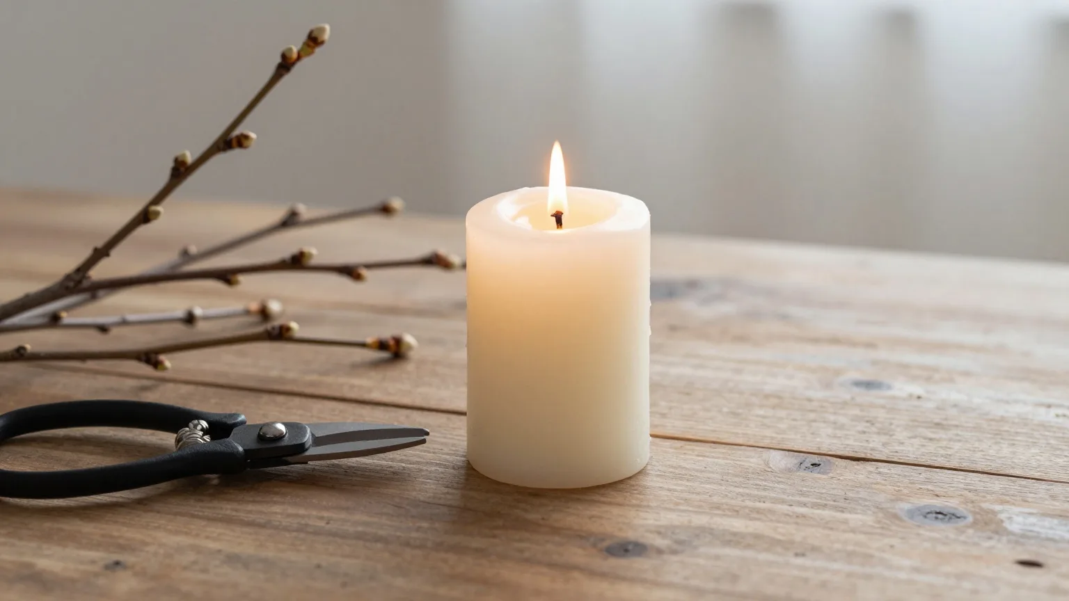 Einzelne brennende Kerze neben frisch geschnittenen Kirschzweigen mit Knospen und einer Gartenschere auf einem Holztisch