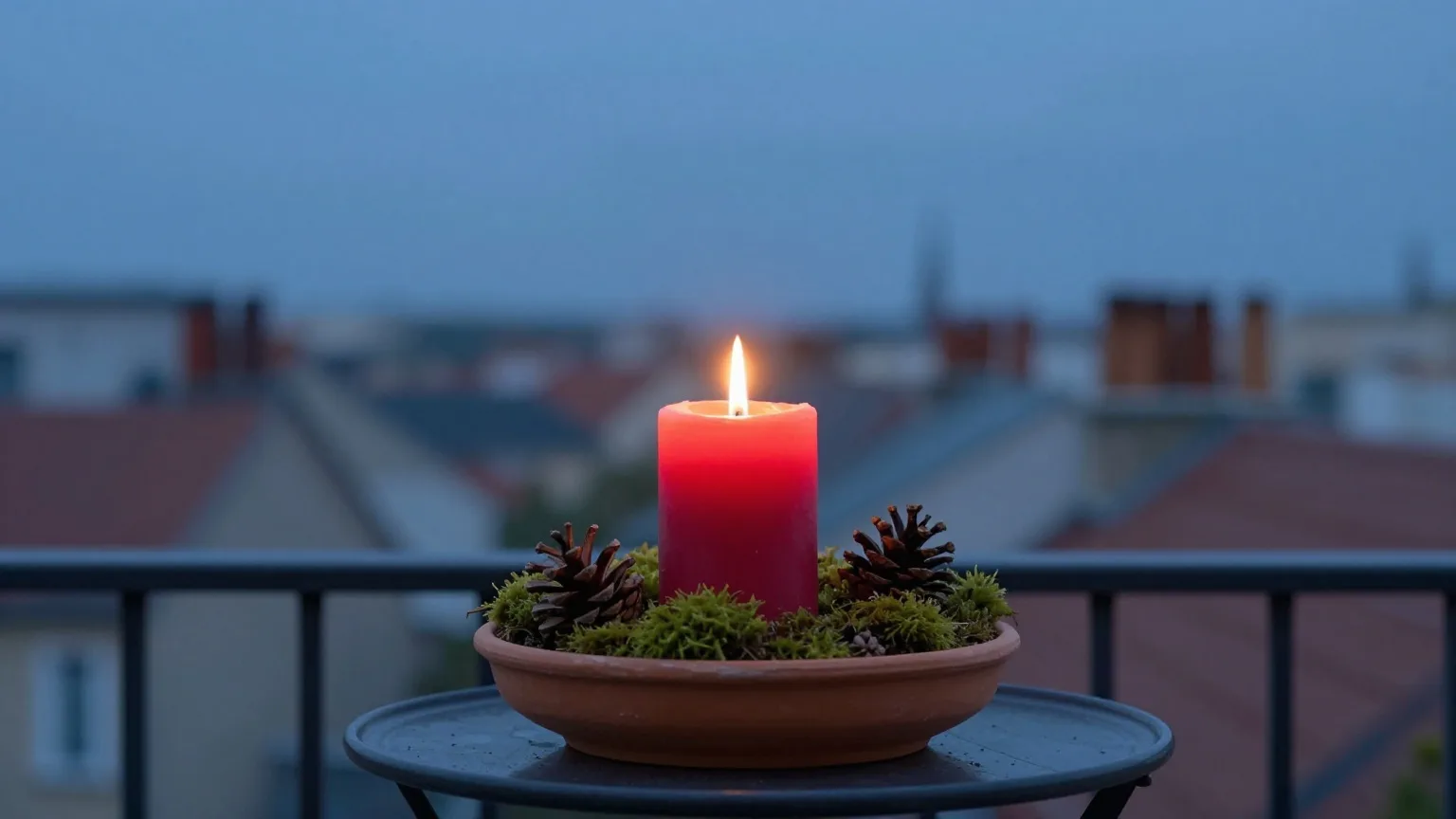 Einzelne brennende Kerze in einer Tonschale mit Moos und Zapfen auf einem Balkontisch, dahinter Stadtdächer in der Abenddämmerung