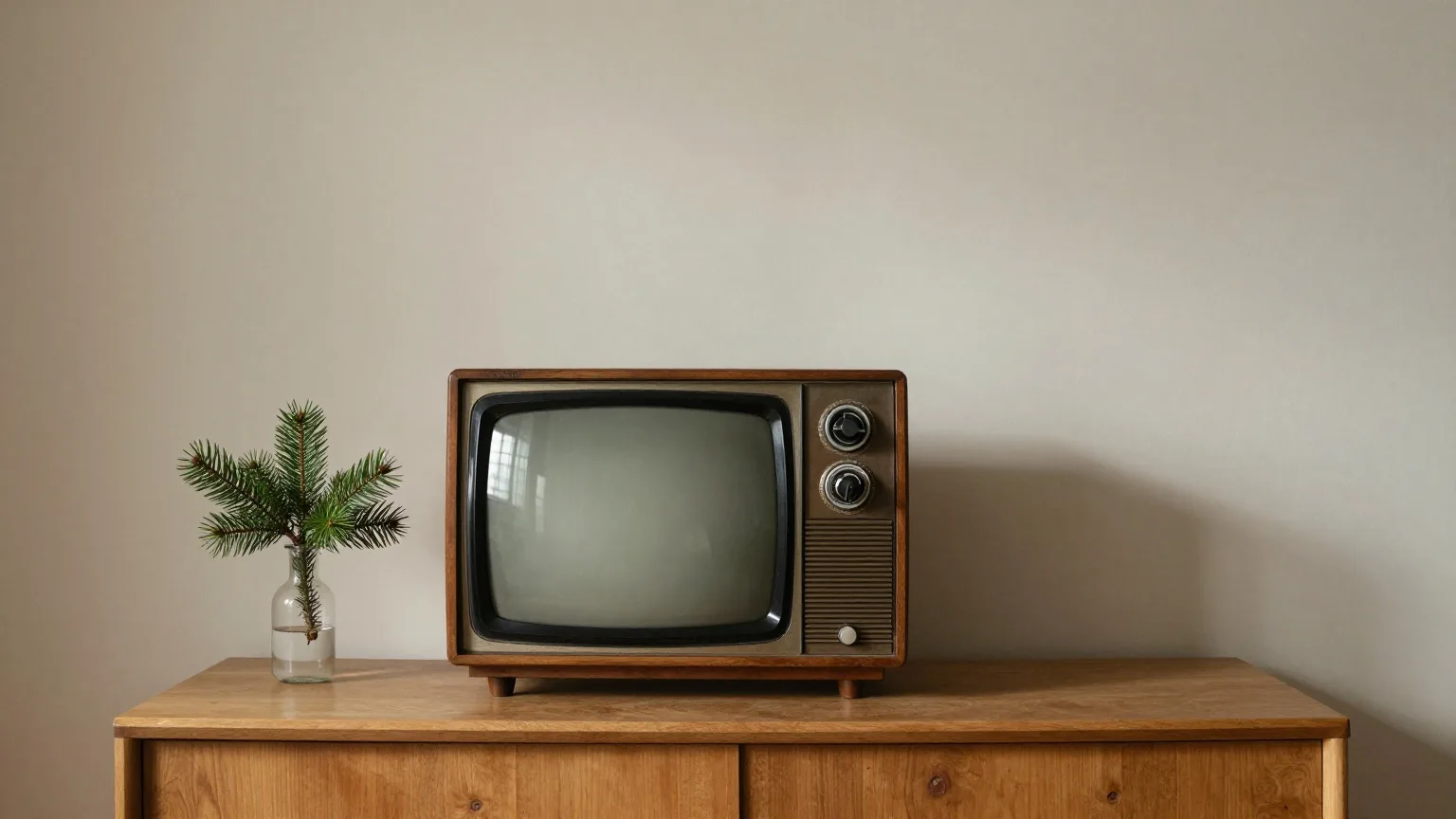 Altes Fernsehgerät mit Holzgehäuse aus den 1950er-Jahren auf einer Kommode, daneben ein Tannenzweig in einer kleinen Vase