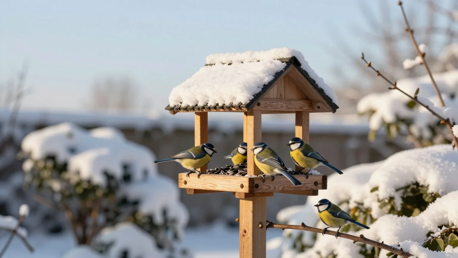 Hölzernes Vogelhaus mit Meisen in einem verschneiten Garten an einem klaren Wintermorgen