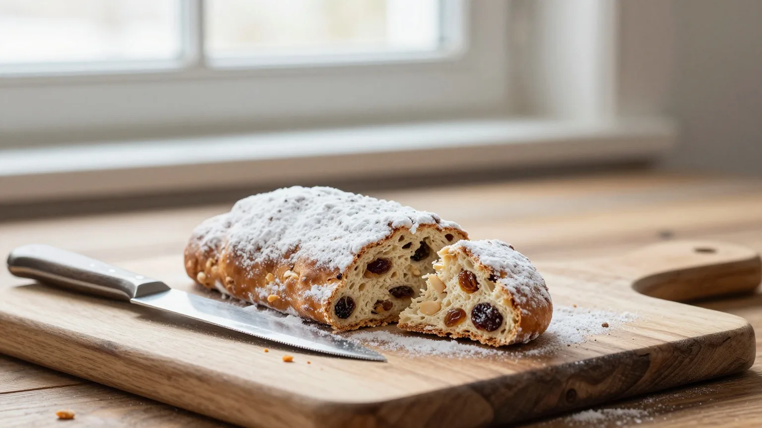 Angeschnittener Christstollen mit dicker Puderzuckerschicht auf einem Holzbrett im Wintermorgenlicht