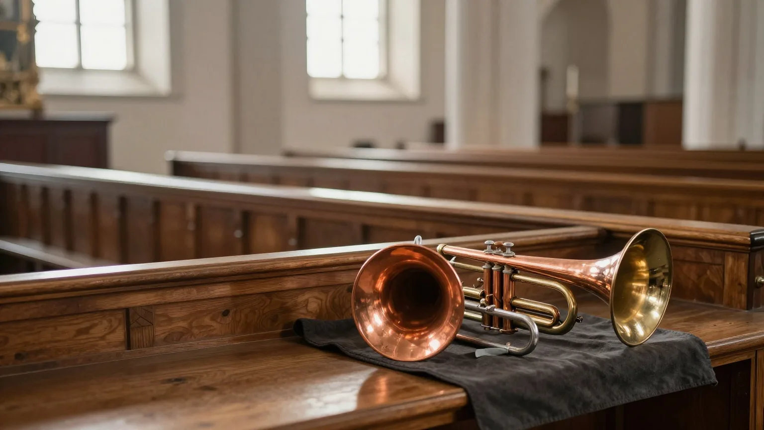 Pauken und zwei Barocktrompeten auf der Holzempore einer Kirche im Morgenlicht