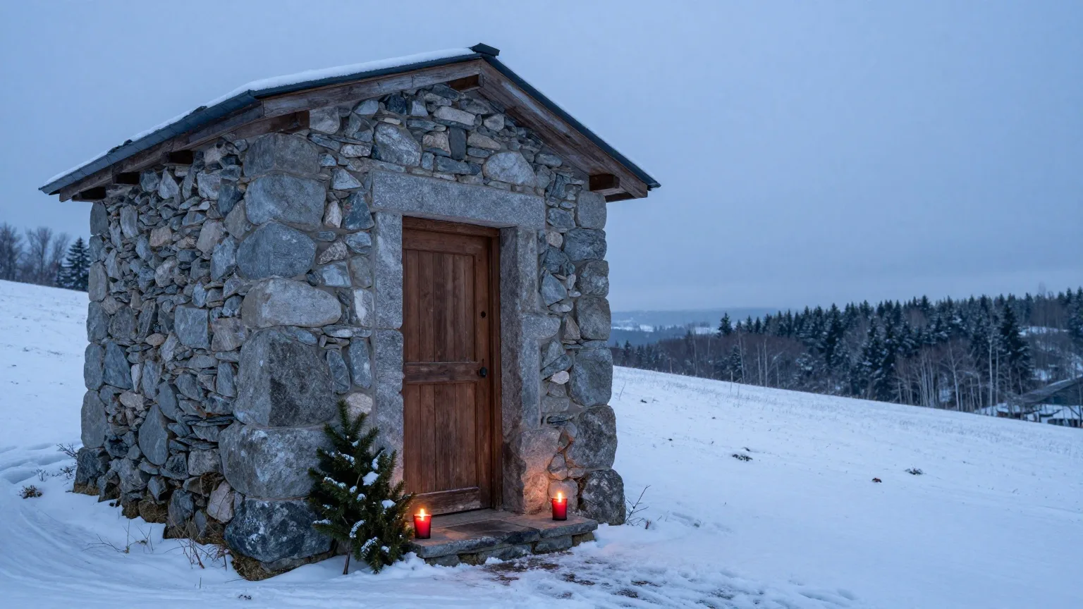 Zwei brennende Kerzen in roten Gläsern auf der Steinstufe einer kleinen Feldsteinkapelle in verschneiter Landschaft