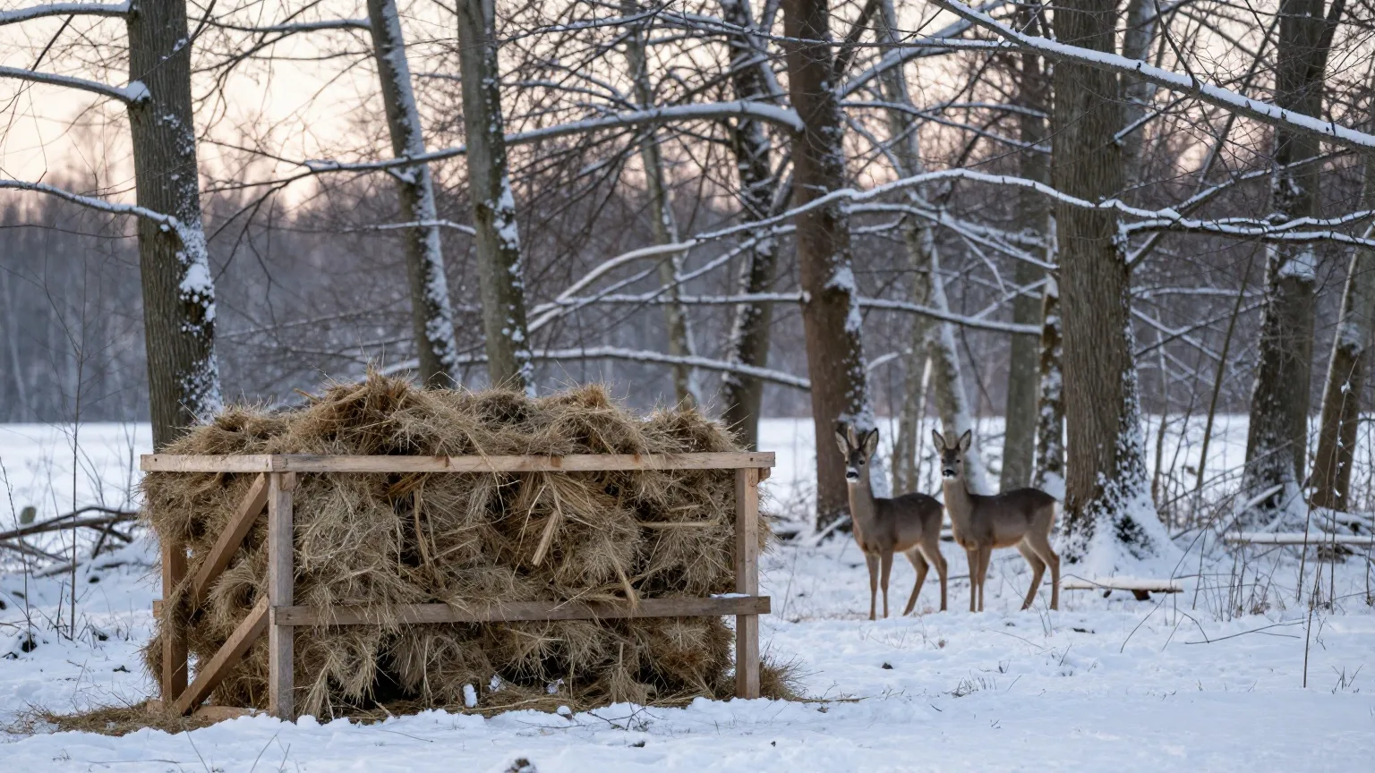 Hölzerne Futterraufe mit Heu an einem verschneiten Waldrand, im Hintergrund zwei Rehe