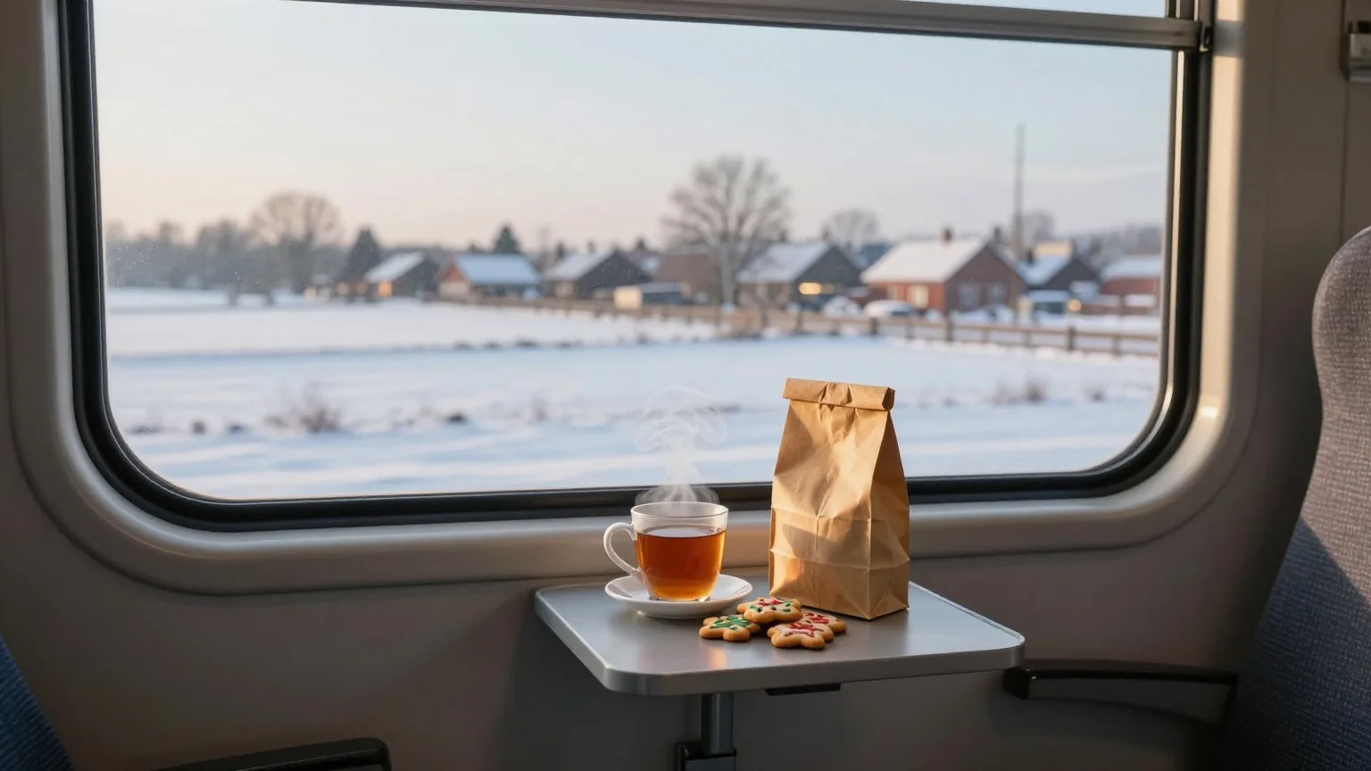 Blick aus einem Zugfenster auf verschneite Felder, auf dem Klapptisch ein Becher Tee und eine Tüte Plätzchen