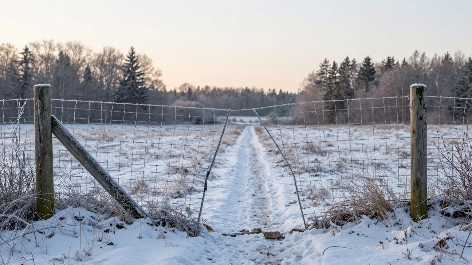 Alter Drahtzaun mit einer durchgeschnittenen Lücke an einem verschneiten Waldrand, dahinter ein Feldweg