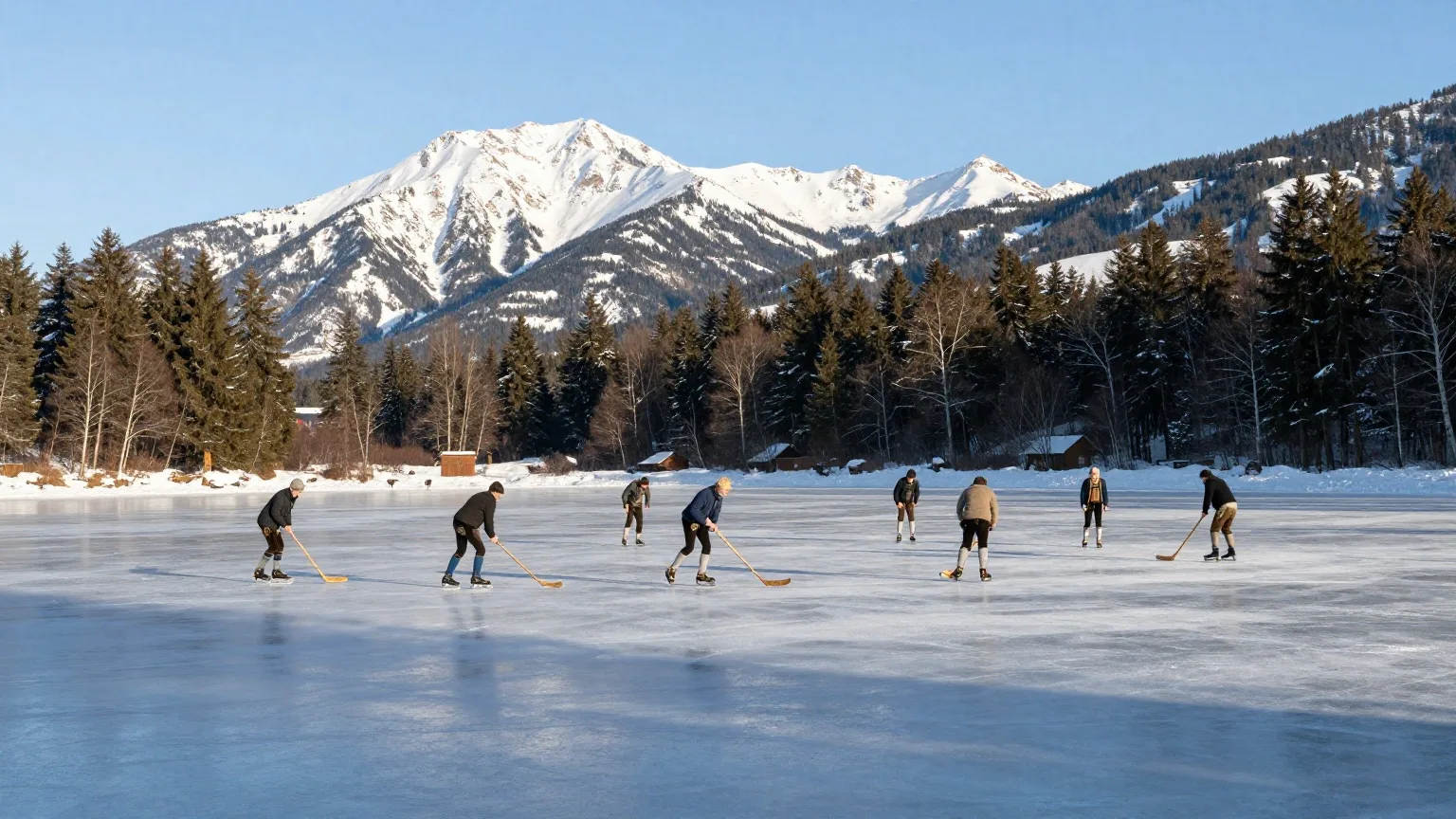 Menschen beim Eisstockschießen auf einem zugefrorenen Weiher vor verschneiten Bergen, aus der Ferne fotografiert