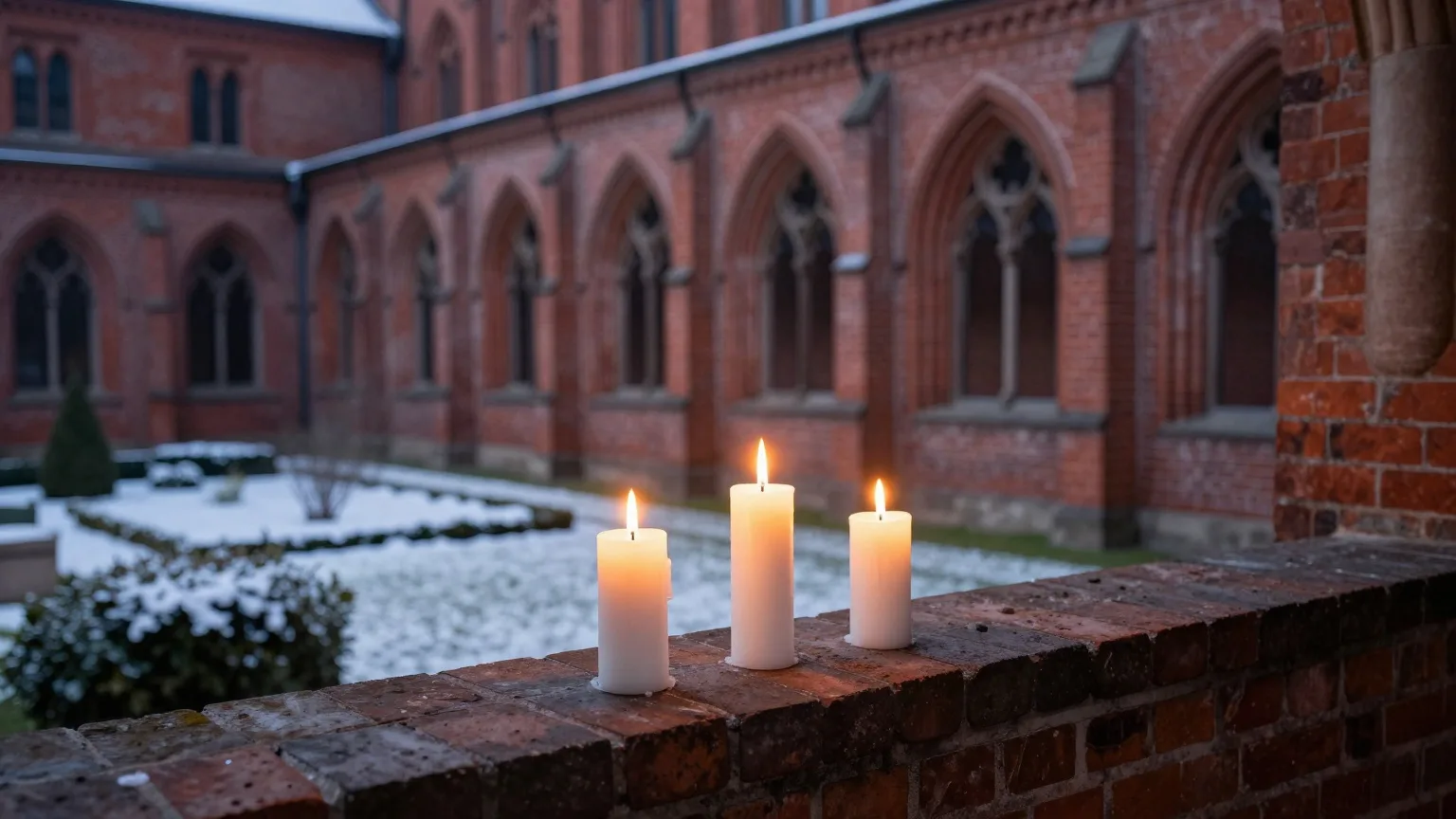 Drei brennende Kerzen auf der Brüstung im Kreuzgang eines Backsteinklosters in der Abenddämmerung