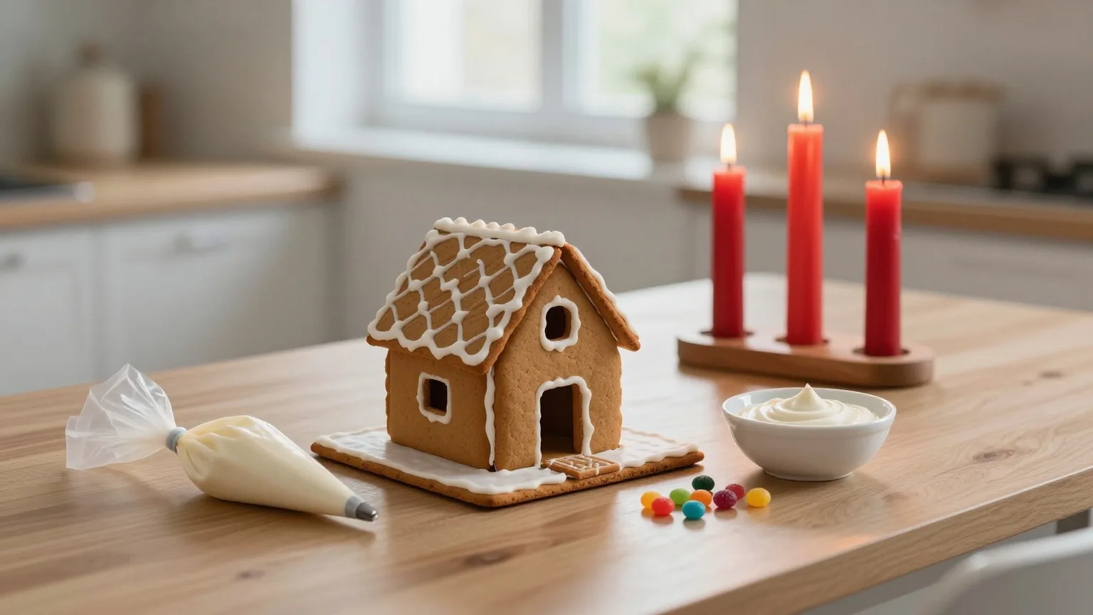 Drei brennende Kerzen auf einem Küchentisch neben einem halb fertigen Lebkuchenhaus und einer Schüssel Zuckerguss
