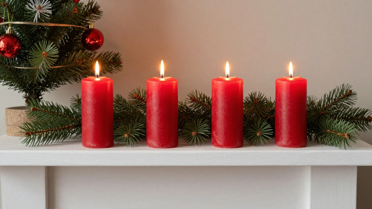 Vier brennende rote Kerzen auf einer Tannengirlande neben einem kleinen geschmückten Christbaum