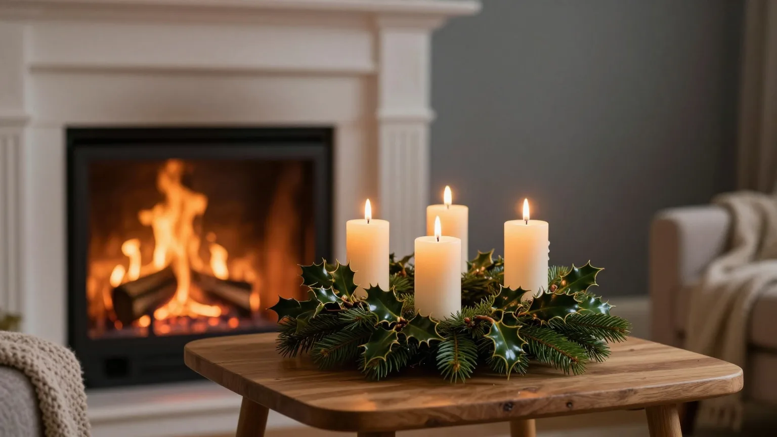 Adventskranz mit vier brennenden Kerzen auf einem niedrigen Tisch vor einem offenen Kaminfeuer am Abend