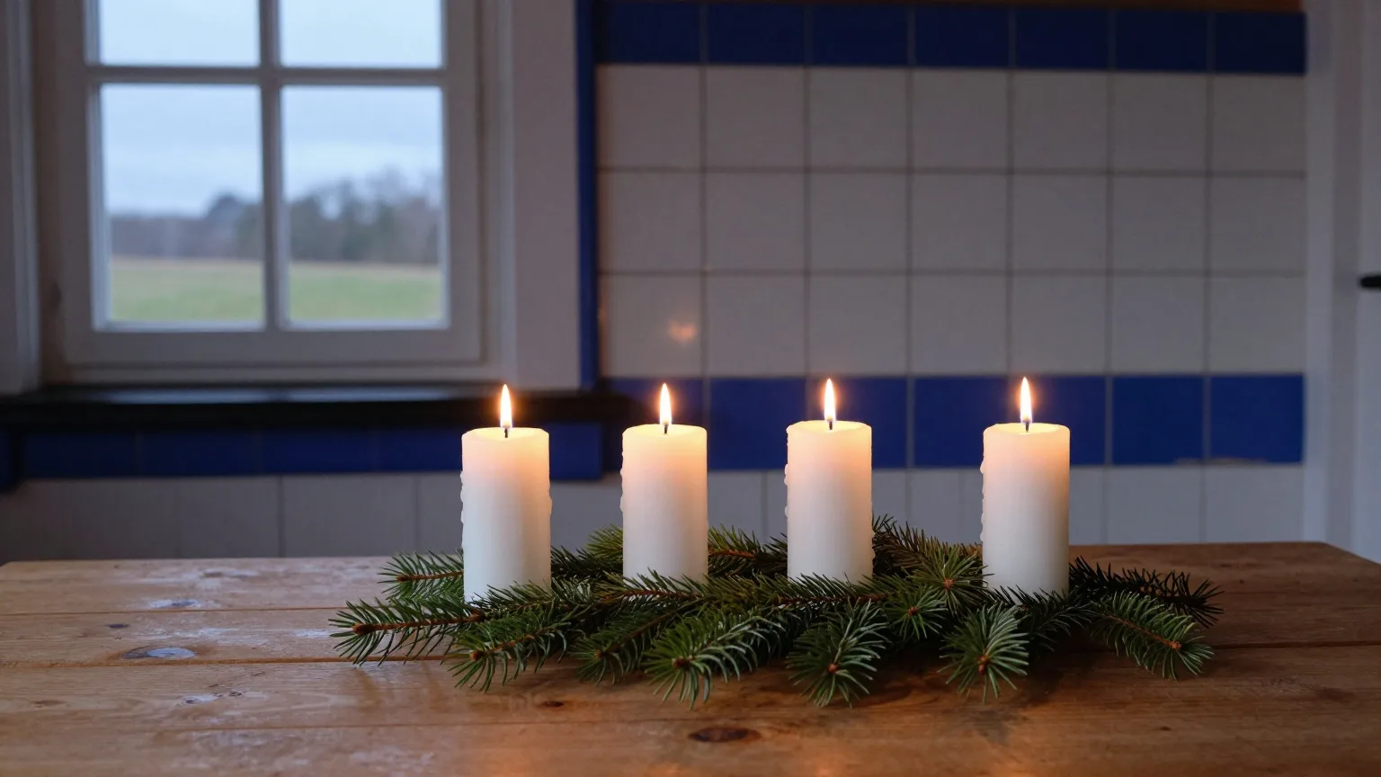 Vier brennende weiße Kerzen in einer Reihe auf Tannenzweigen in einem Friesenhaus, durchs Fenster ein Deich in der Winterdämmerung