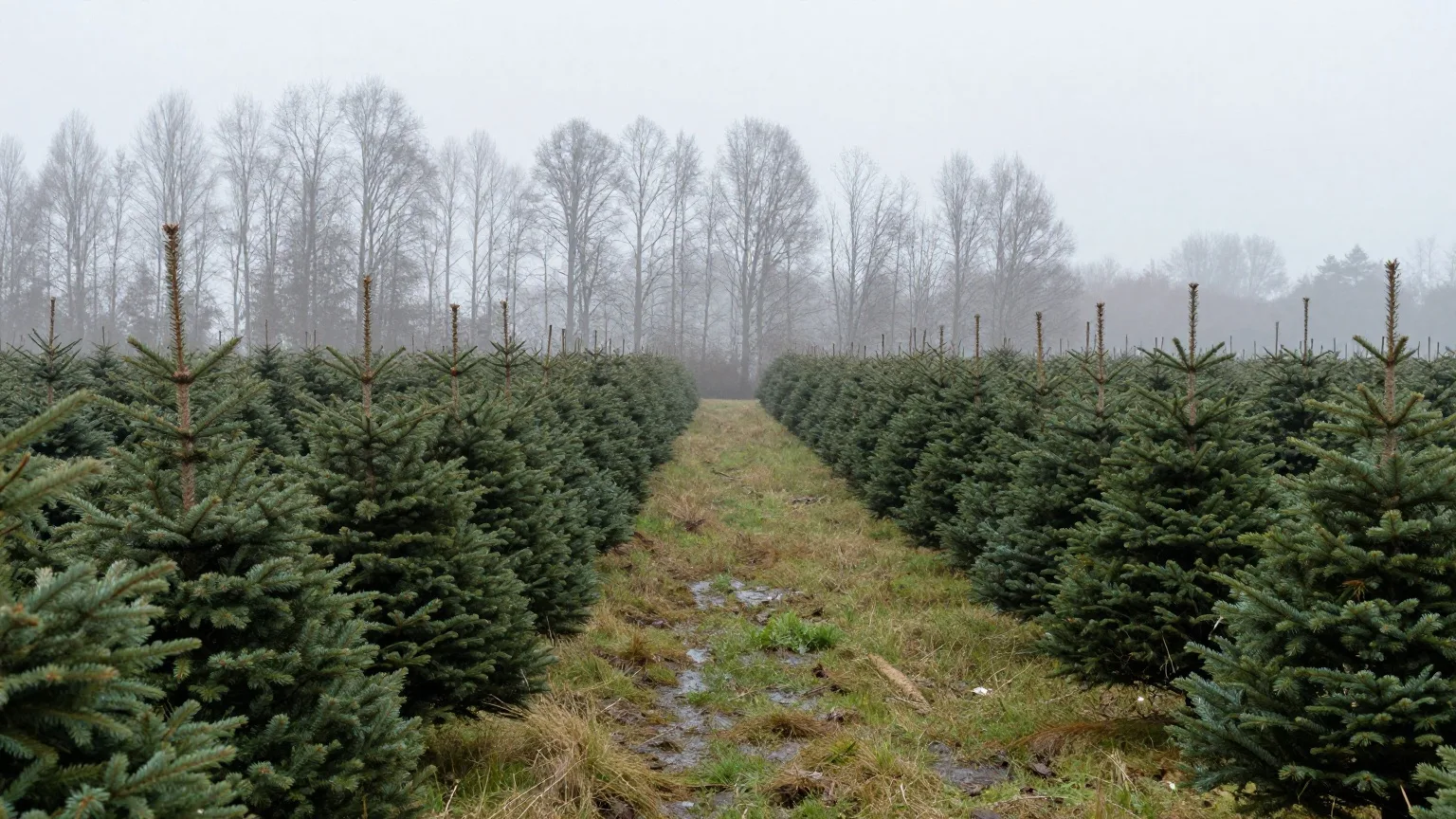 Reihen junger Nordmanntannen auf einer Weihnachtsbaumkultur im Novembernebel